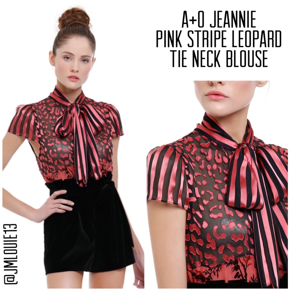 🎀SOLD🎀Alice + Olivia Jeannie Pink Stripe Leopard Neck Bow Blouse - Picture 1 of 10